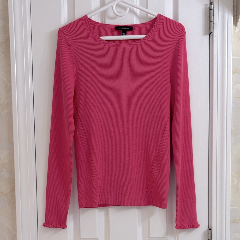 Ann Taylor Hot Pink Long Sleeve Ribbed Sweater with Ruffled Cuffs. EUC